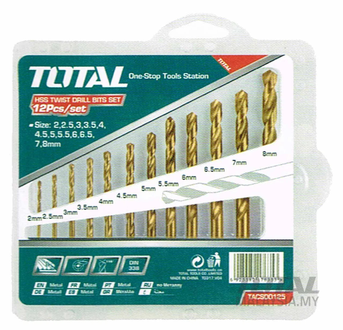 TOTAL TACSD0125 12 Pc HSS Twist Drill Bit Set for Metal & Wood Total